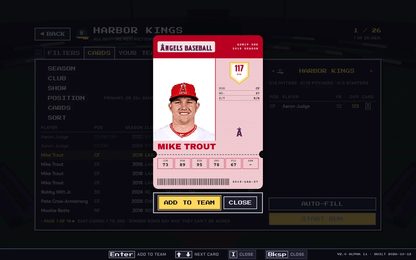 Battleworld team builder adding a 117-overall Mike Trout card