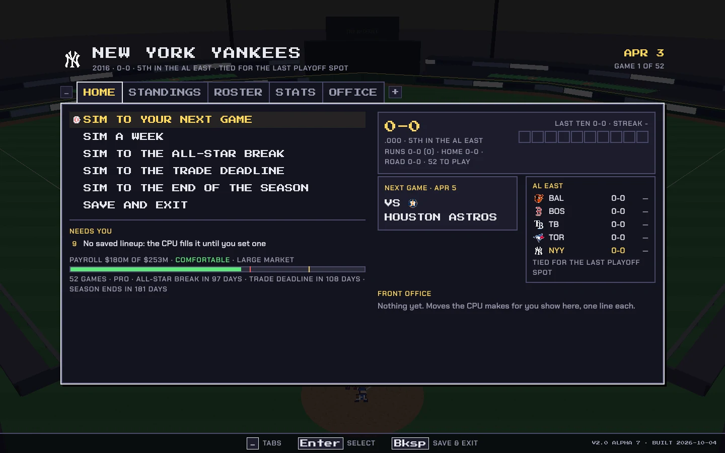 Franchise home screen for the 2016 New York Yankees