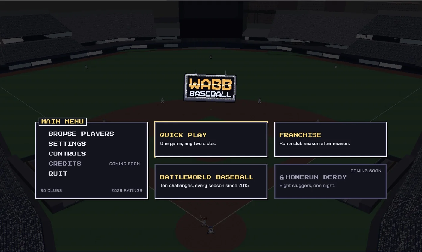 Wabbaseball main menu with Quick Play, Franchise, Battleworld Baseball and Homerun Derby