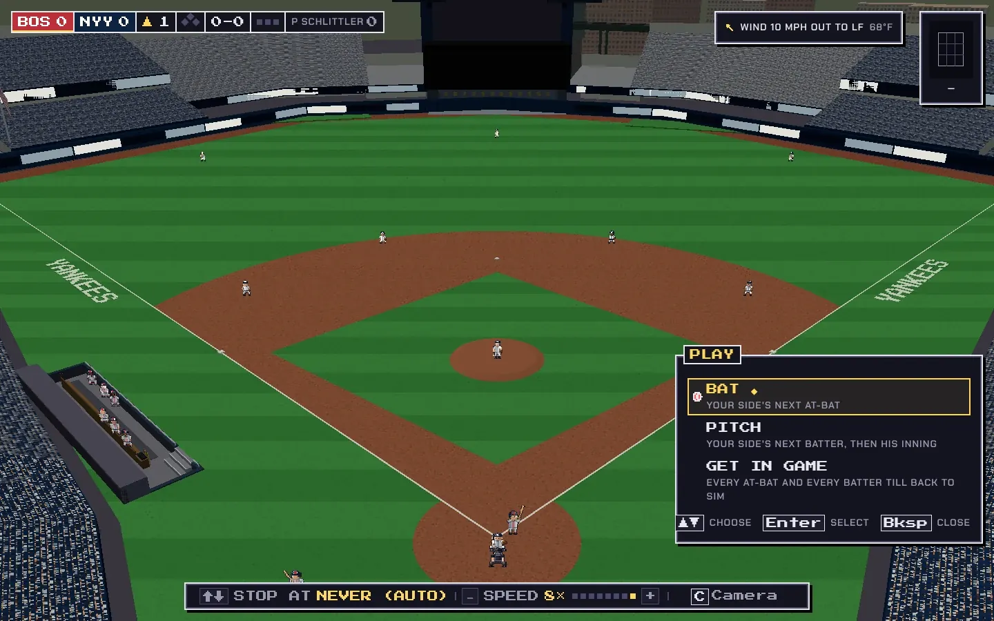 In-game menu offering to bat, pitch, get in the game or sim