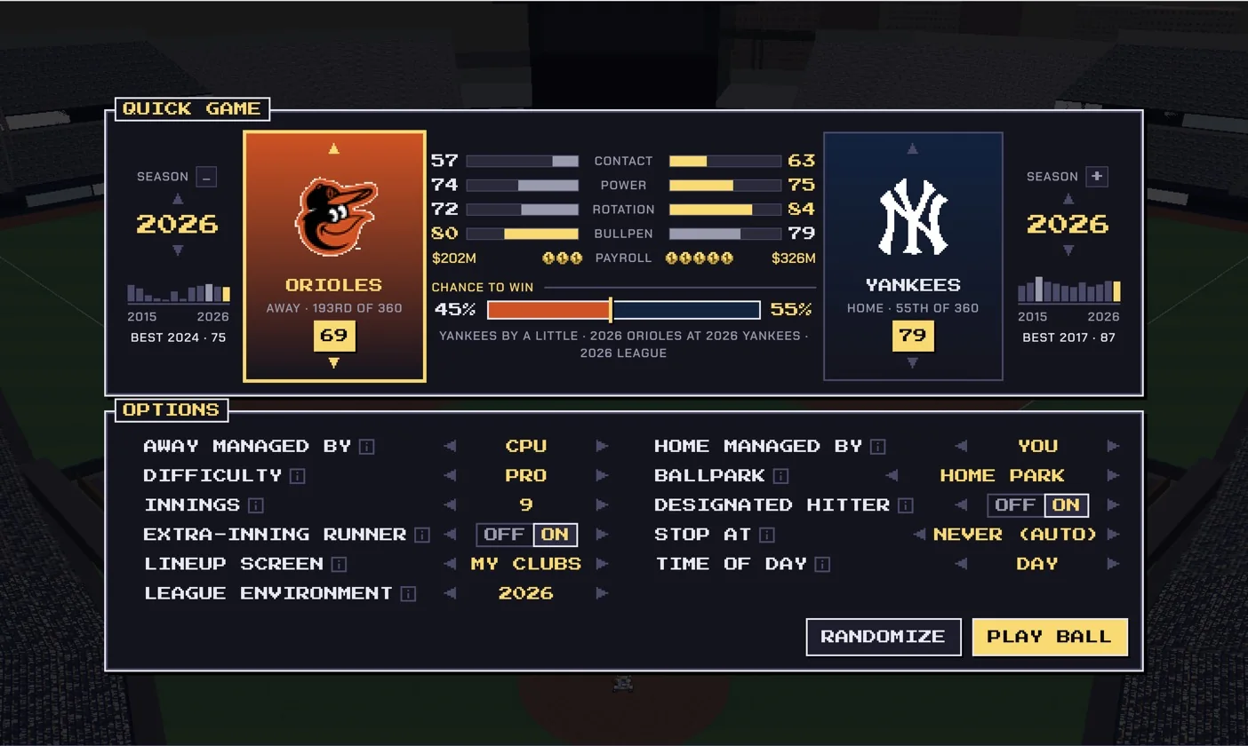 Quick Game setup: 2026 Orioles at 2026 Yankees with chance to win
